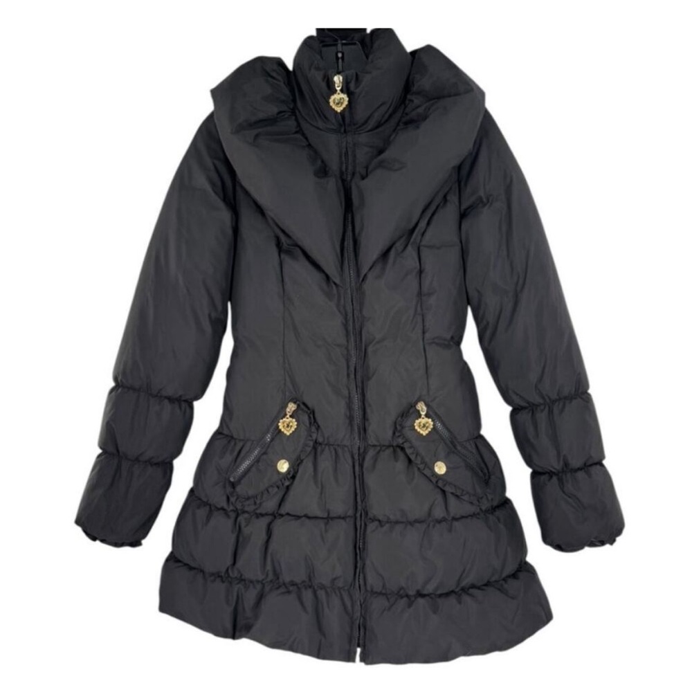 Betsey Johnson Black Down Puffer Jacket with Gold Accents and Belt